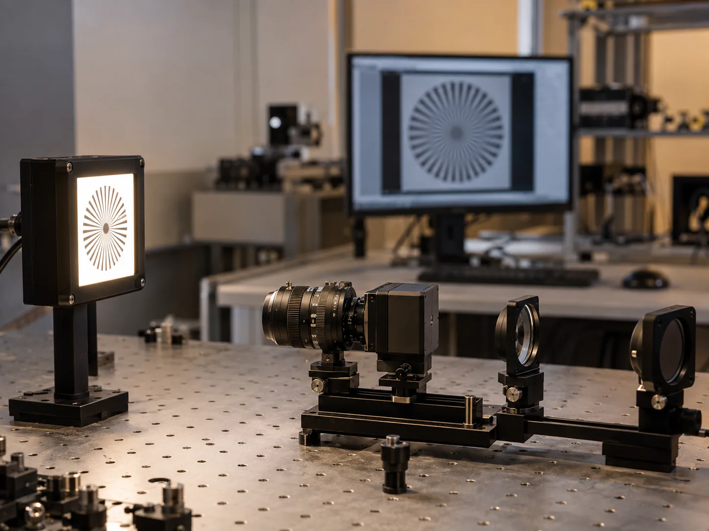 Optical resolution test bench with a camera and illuminated calibration target in a laboratory