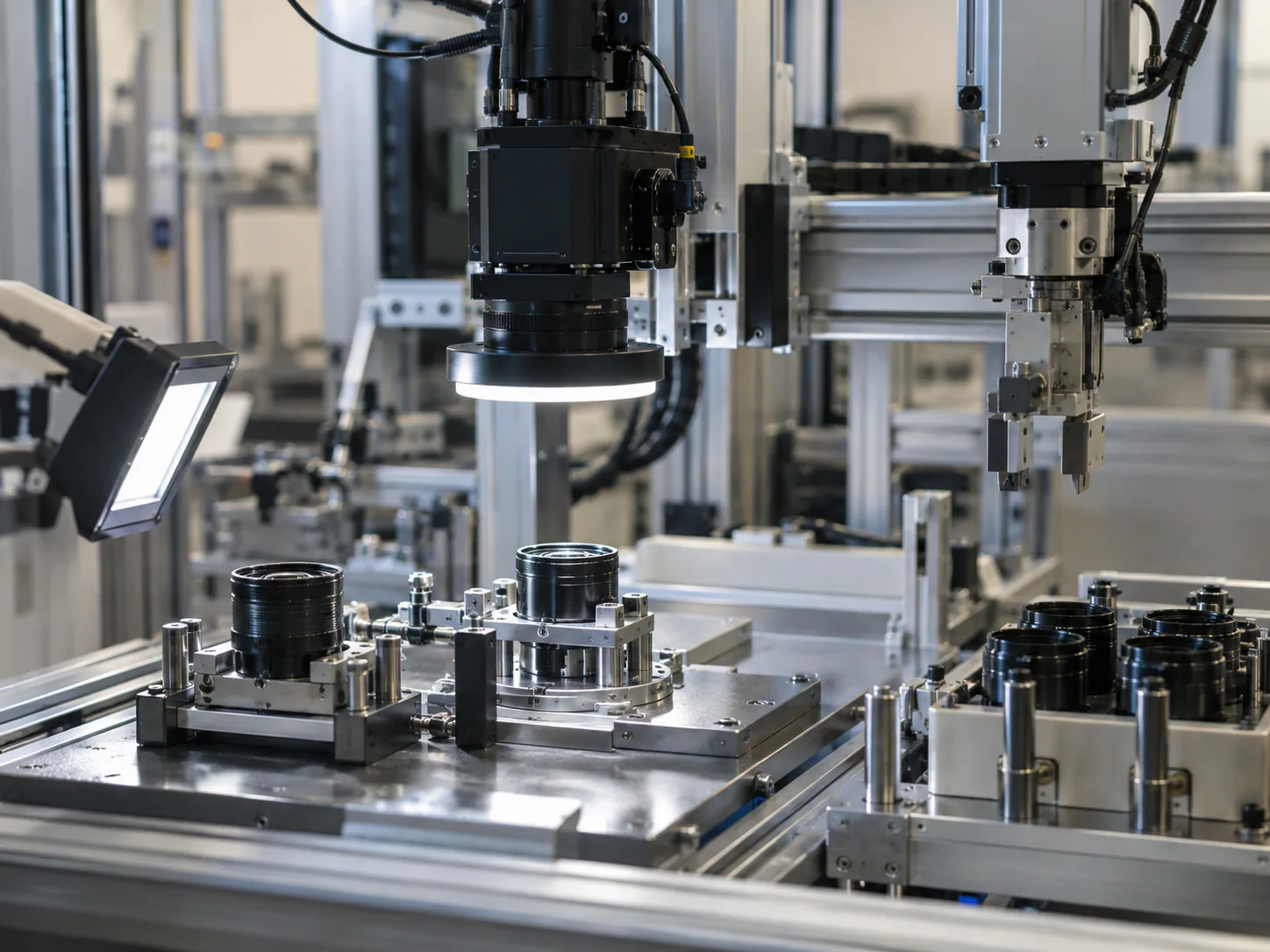 Automated optical assembly and inspection workstation with camera, lighting and precision fixtures