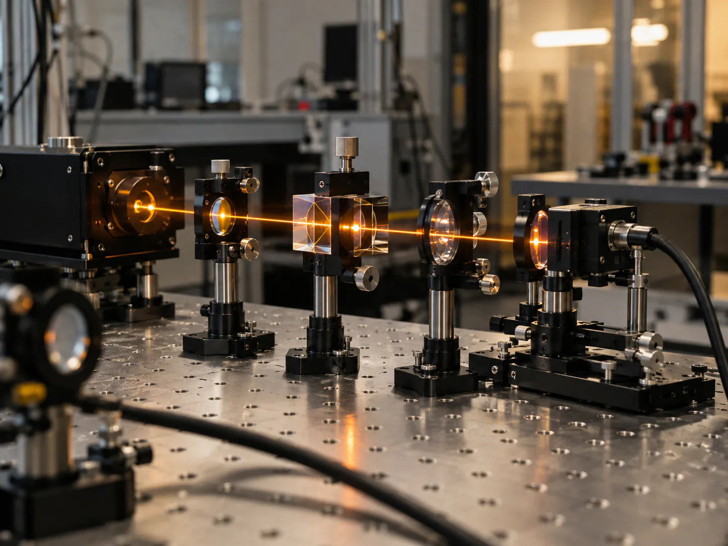 Optical test bench with an aligned orange laser path in a photonics laboratory
