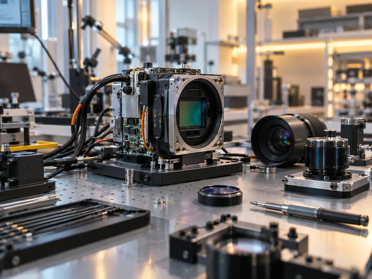 Advanced imaging sensor and optical components arranged on a laboratory integration bench
